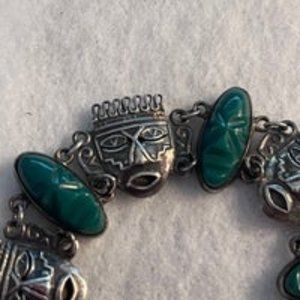 VTG 1970's Sterling Silver & Green Onyx Gemstone Aztec Mask Bracelet Signed